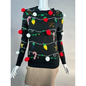 No Boundaries Christmas Garland and Light Sweater Small Black Acrylic